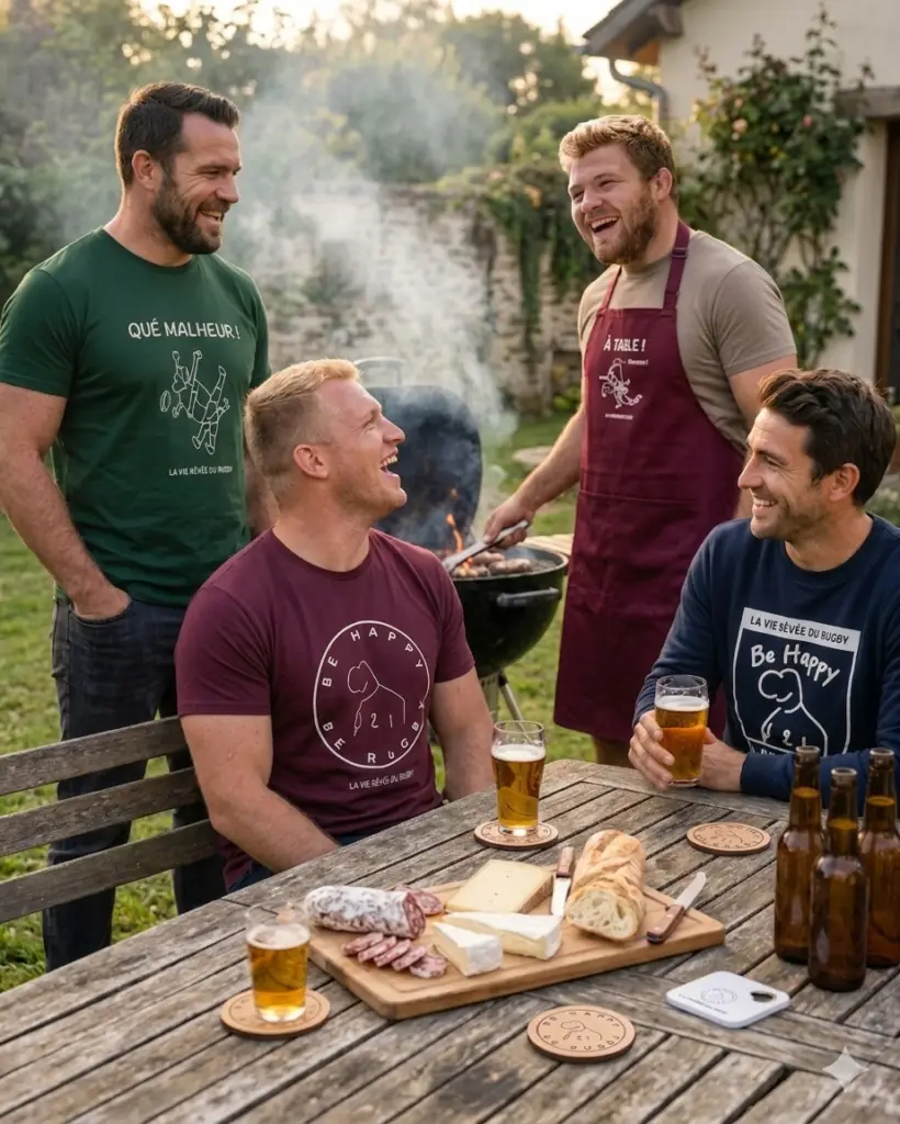 Anciens joueurs de rugby amateur partageant un apéritif barbecue avec planche et accessoires rugby