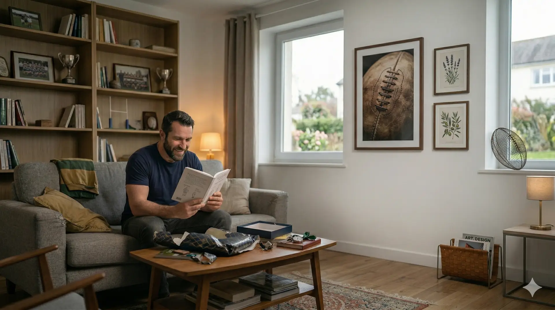 Ancien joueur de rugby amateur découvrant un cadeau chez lui et souriant en le regardant