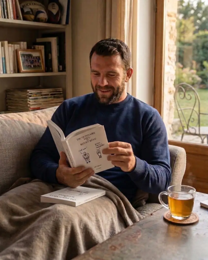 Ancien joueur de rugby amateur lisant un livre sur le rugby chez lui dans un salon cosy
