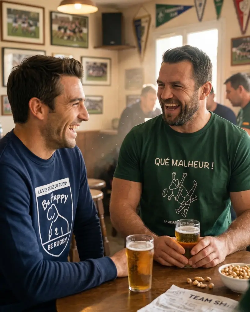 Deux anciens joueurs de rugby amateur rient au club house, l’un porte un t-shirt humour “Qué Malheur”