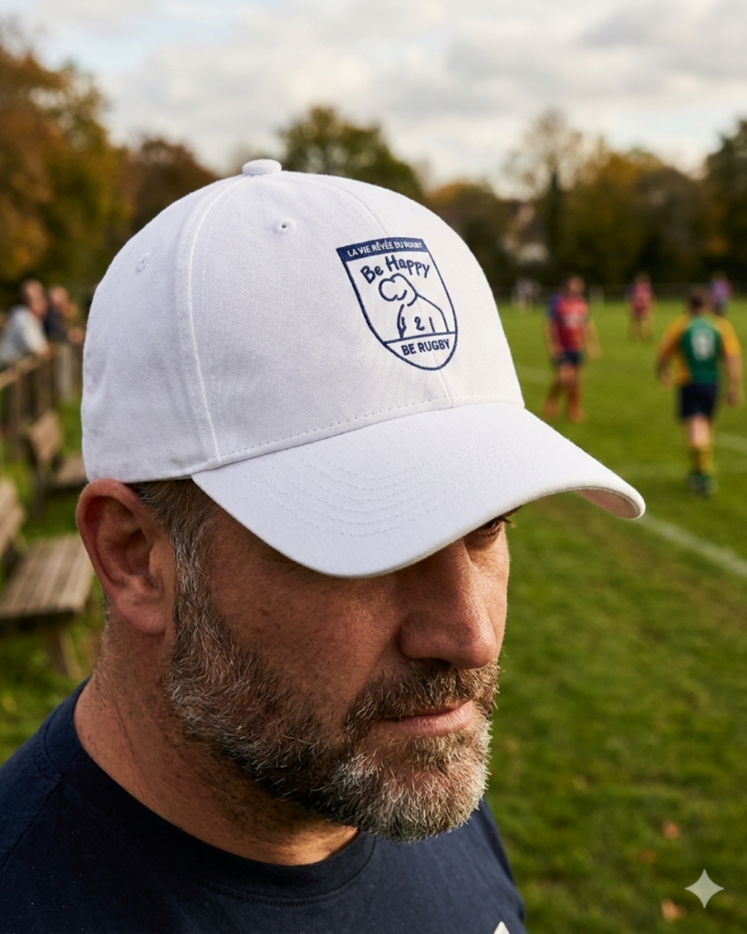 homme portant casquette rugby amateur bord terrain match