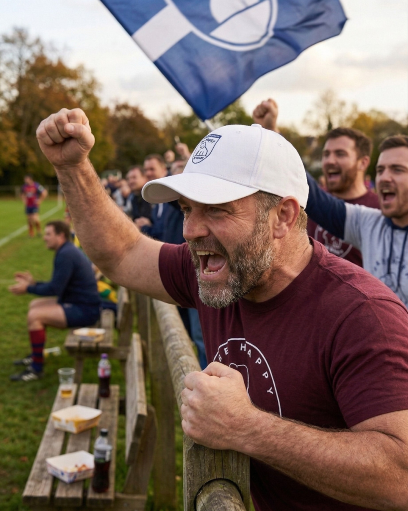 Supporter de rugby amateur portant une casquette encourageant son équipe au bord du terrain