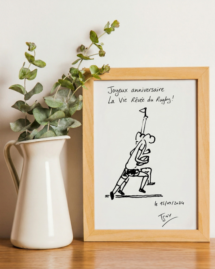dessin personnalisé rugby amateur cadeau anniversaire cadre illustration joueur rugby