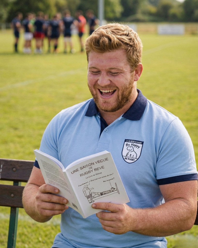 joueur rugby amateur lisant livre rugby sur banc terrain cadeau anniversaire