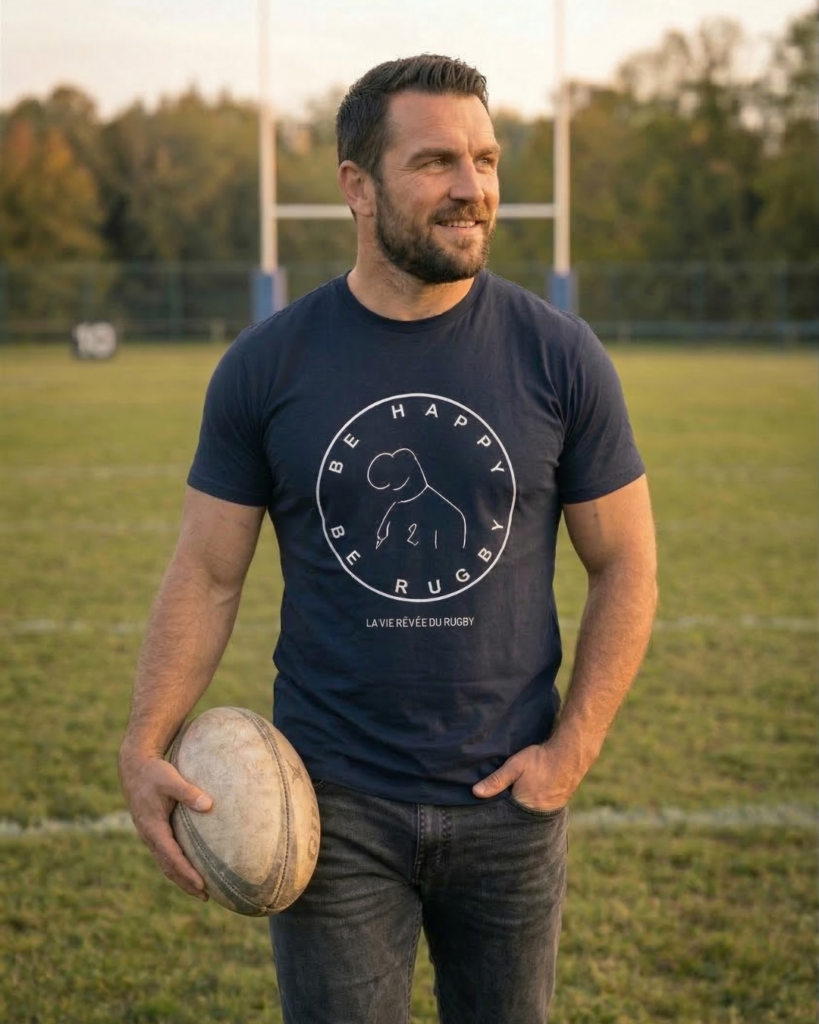 homme portant t-shirt rugby amateur be happy sur terrain de rugby avec ballon