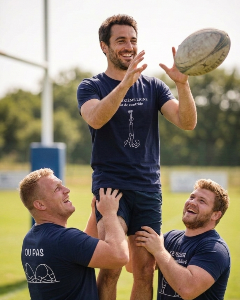 joueurs rugby amateur soulevant coéquipier touche t-shirt rugby amateur