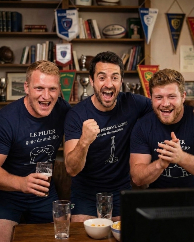 Joueurs de rugby amateur en club house portant des tee-shirts postes rugby célébrant un match autour d’une bière