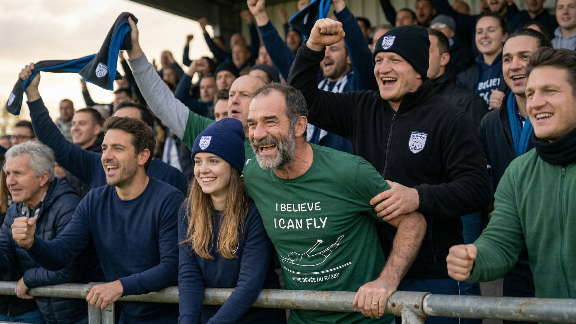 Supporters en tribune lors d’un match de rugby amateur portant bonnet, polaire et tee-shirt rugby, vivant intensément le match